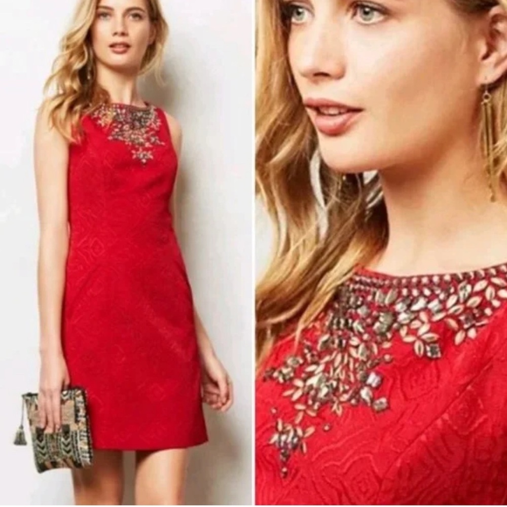 ☀️❄️Anthropologie Red Embellished Mini Dress - Picture 2 of 4
